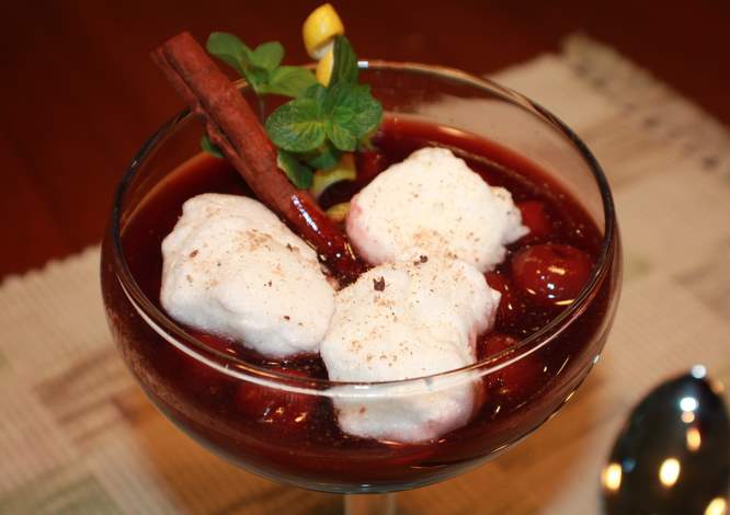 Black Forest Cherry Soup with Meringue Dumplings 