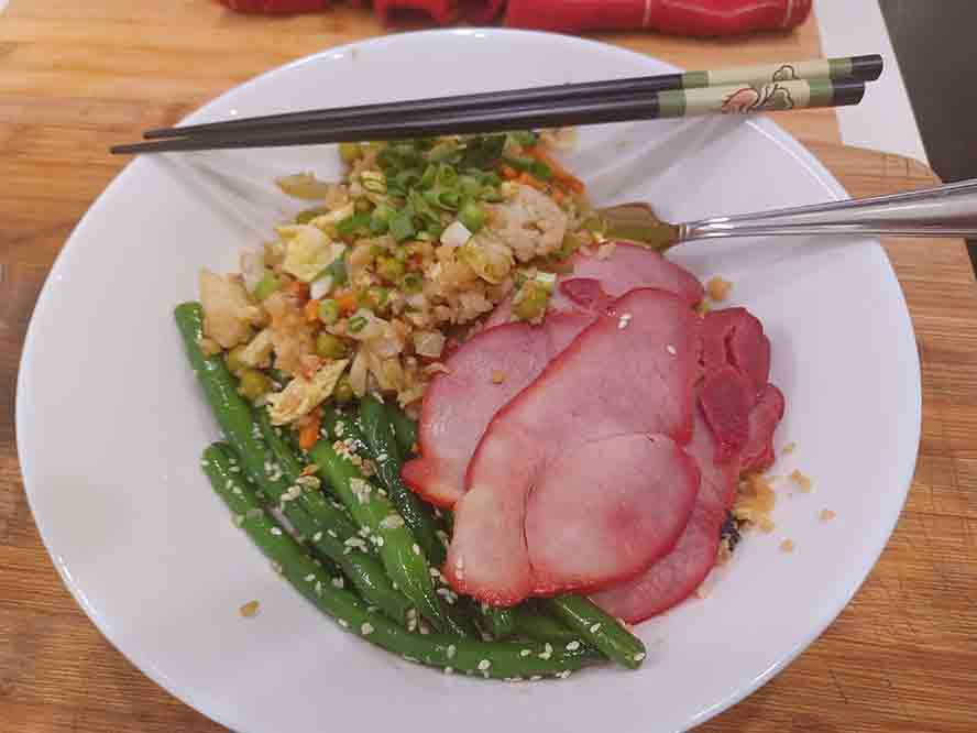 Fried Rice with BBQ pork and Sesame Green Beans. 